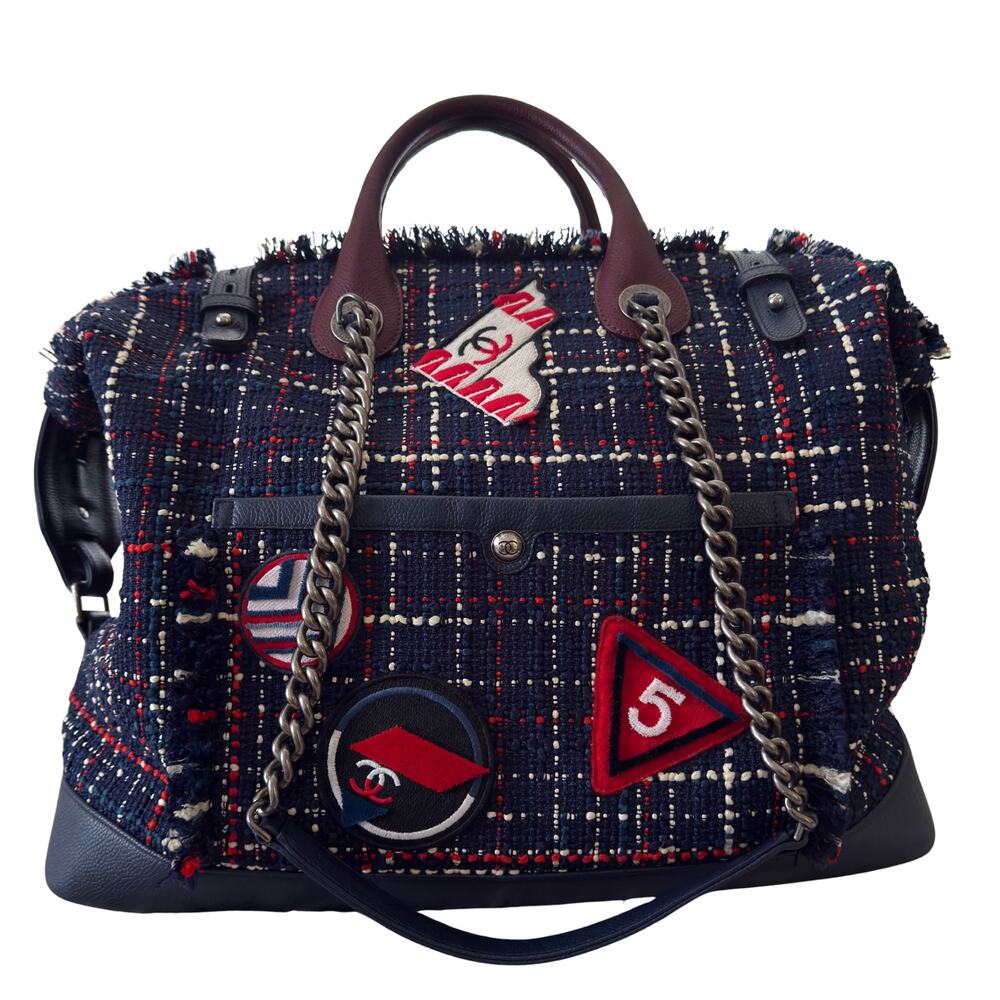 Chanel 16S Tweed Bowling Bag Navy Burgundy Patches Auth Card Serial 22455577